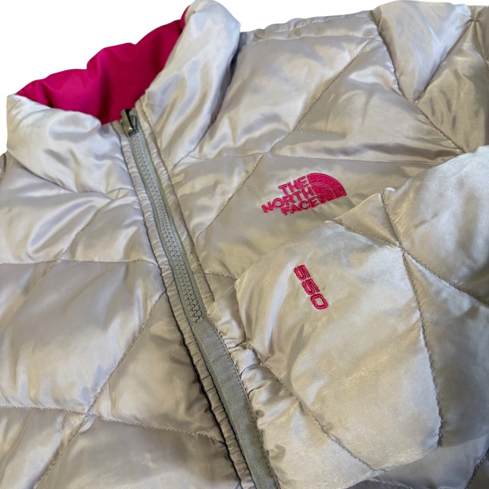 The North Face Puffer Jacket Girls L 14/16 Silver Pink 550 Down Quilted Coat